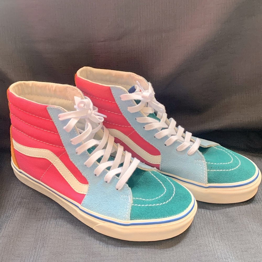 Vans Sk8 Hi Sneakers, multi color suede, women’s size 9, Great Condition